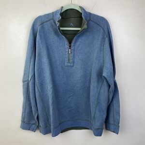 Tommy Bahama Sweater Mens‎ 2XL XXL Blue Quarter Zip Ribbed Pullover Embroidered